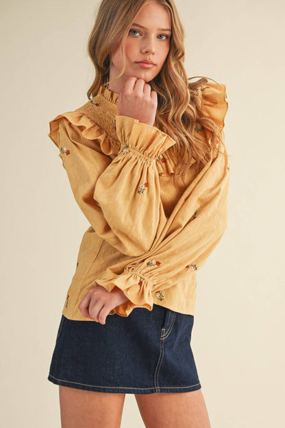 RUFFLED SMOCKED YOKE EMBROIDERED BLOUSE Multiple Color - PRE ORDER