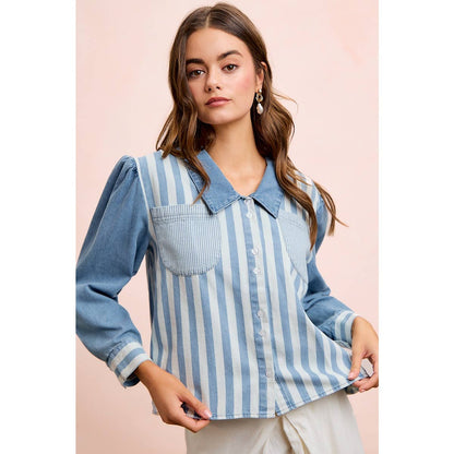 WASHED MULTI STRIPED DENIM BUTTONED SHACKET TOP
