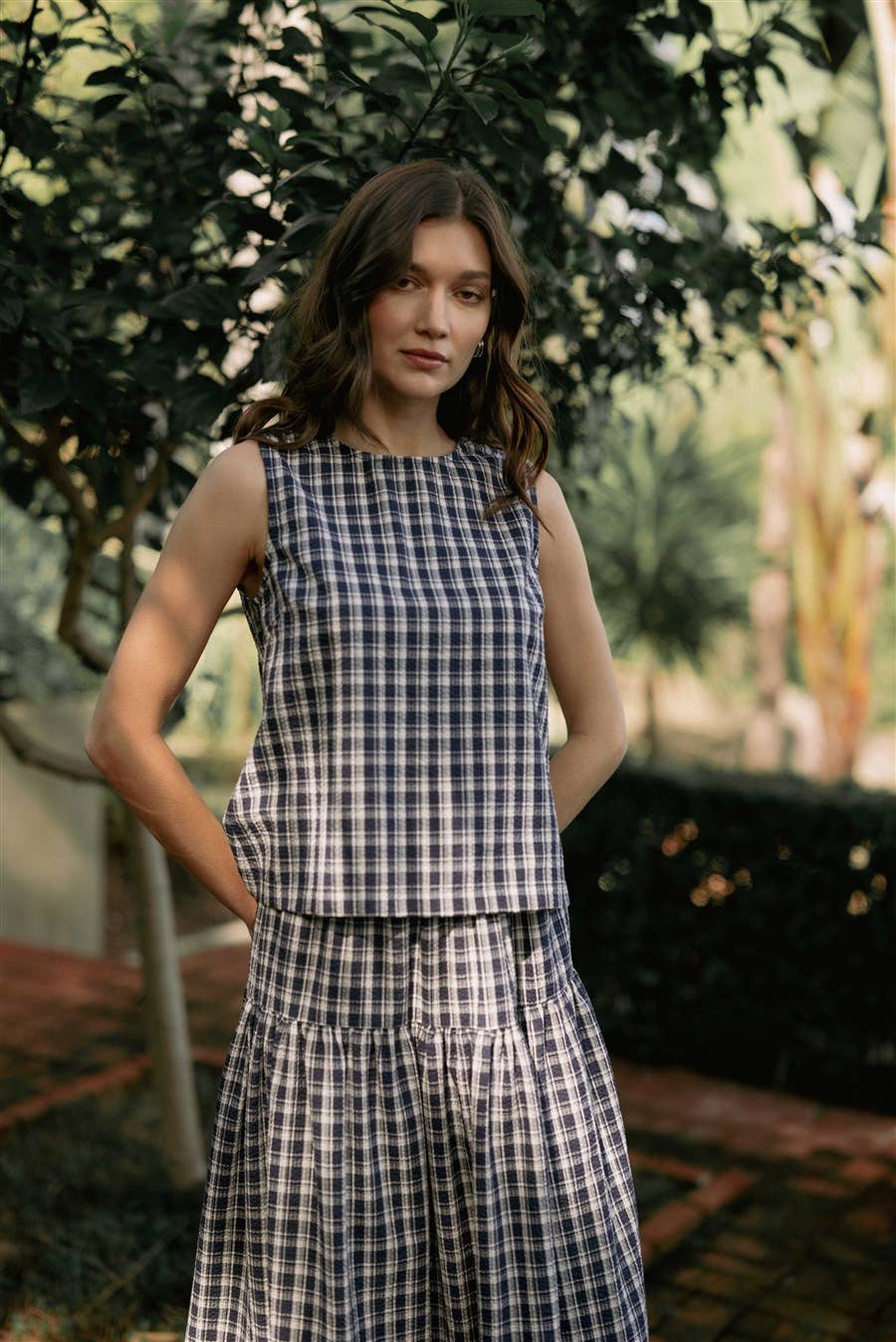 GINGHAM PRINTED SLEEVELESS BUTTONBACK TANK TOP - PRE ORDER