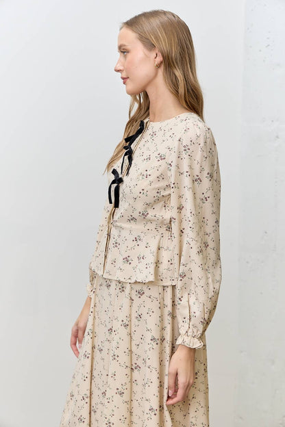 VELVET BOW LONG SLEEVE TOP & SKIRT SET