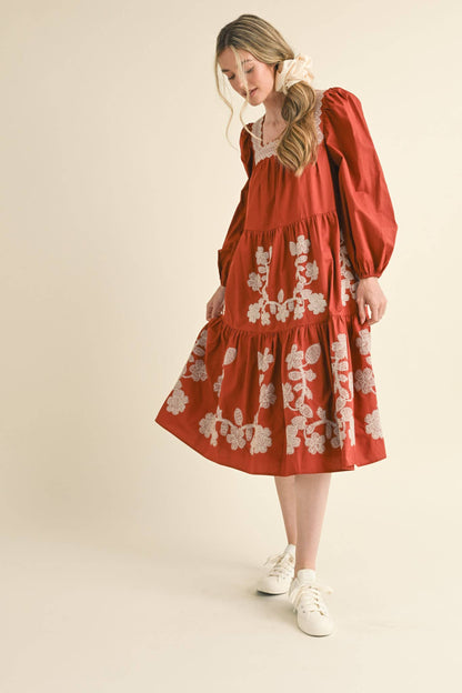 FLORAL EMBROIDERED TIERED MIDI DRESS RUST AMBER SQUARE NECK
