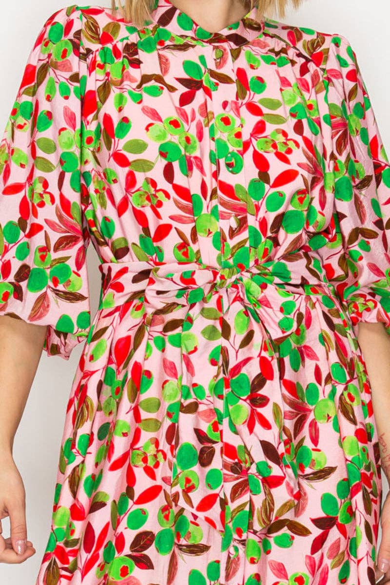 PINK GREEN TIERED MIDI DRESS WITH A COLLARED BUTTON FRONT TIE WAIST