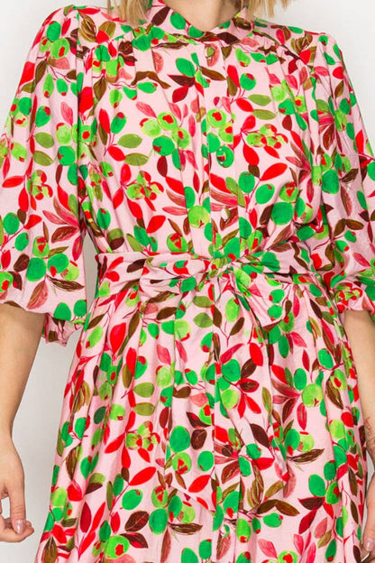 PINK GREEN TIERED MIDI DRESS WITH A COLLARED BUTTON FRONT TIE WAIST