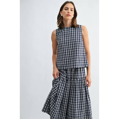 GINGHAM PRINTED SLEEVELESS BUTTONBACK TANK TOP - PRE ORDER