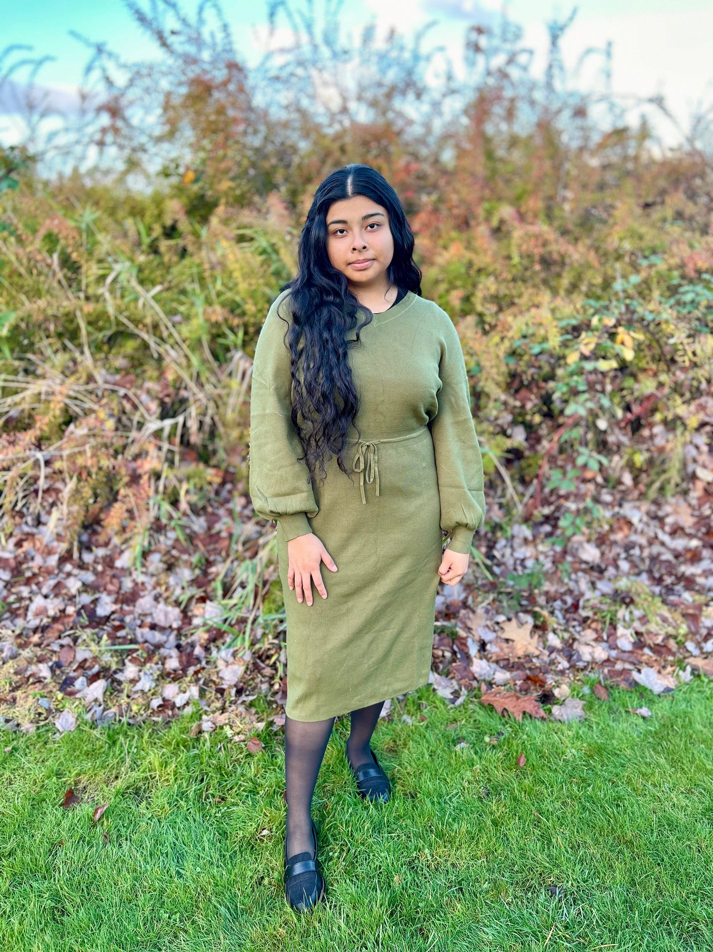 Green Drawstring Sweater Midi Dress