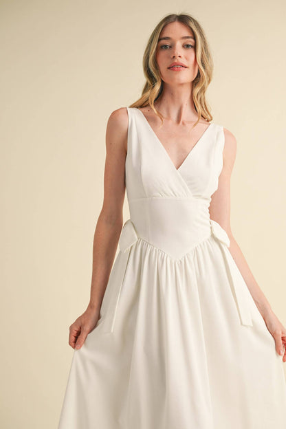 SIDE BOW DETAIL BASQUE WAIST MIDI DRESS