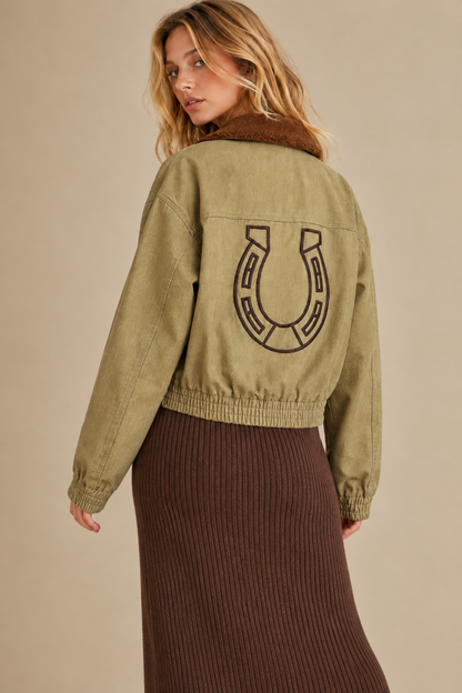 The Outlaw Bronco Sherpa-Collar Olive Green Denim Jacket