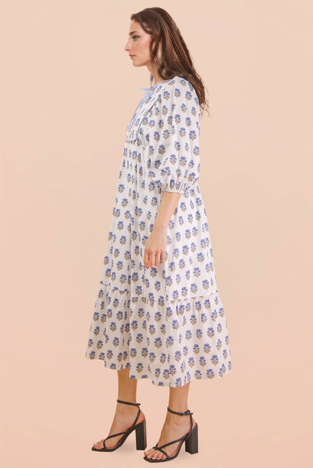 Printed Half Sleeve Midi Dress Pink Blue