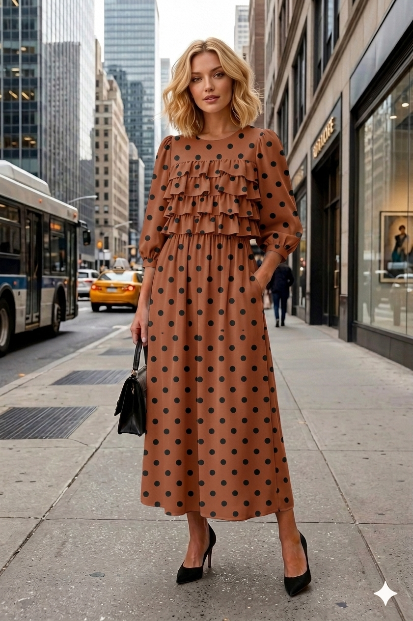 Women Polka Dot Ruffle Tiered Midi Dress