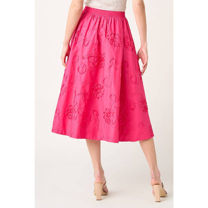 ROSE FLORAL EMBROIDERY HOT PINK ELASTIC WAIST MIDI SKIRT
