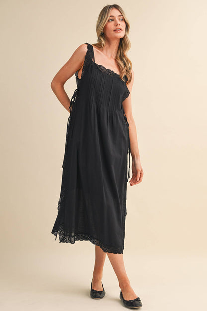 COTTON LACE TRIM SIDE TYING MIDI DRESS BLACK WHITE