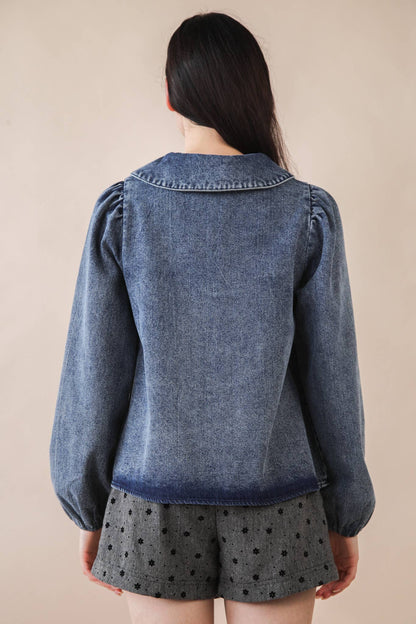 Mineral Washed Chambray Denim Blouse Top