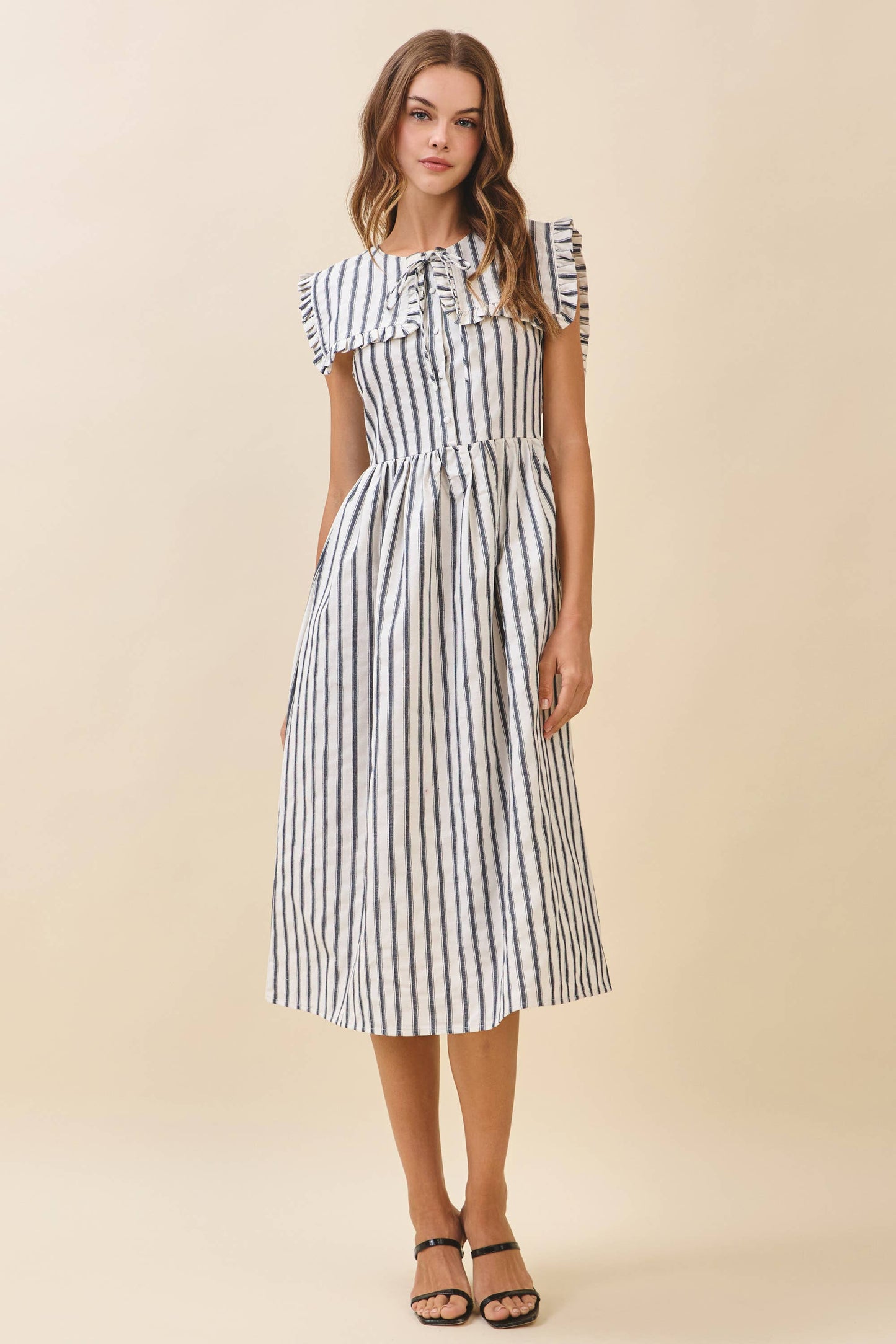 Striped Ruffled Square Collar Front Tie Midi Dres