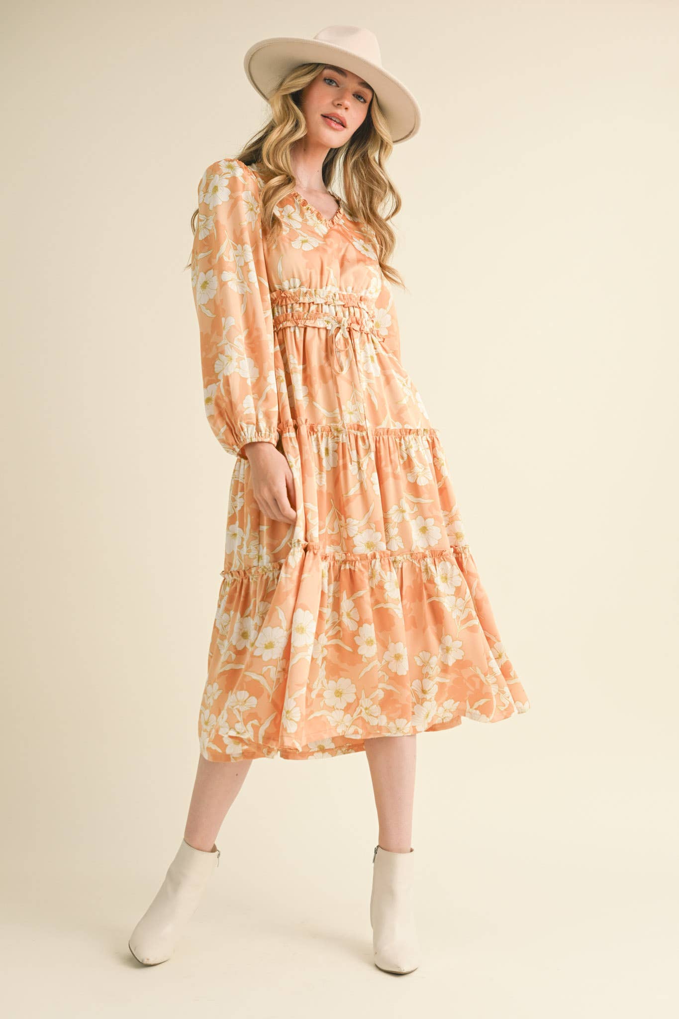 EXCLUSIVE PRINT RUFFLE TRIM FLORAL MIDI DRESS Silver Champagne