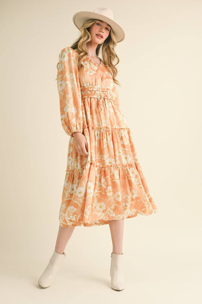 EXCLUSIVE PRINT RUFFLE TRIM FLORAL MIDI DRESS Silver Champagne
