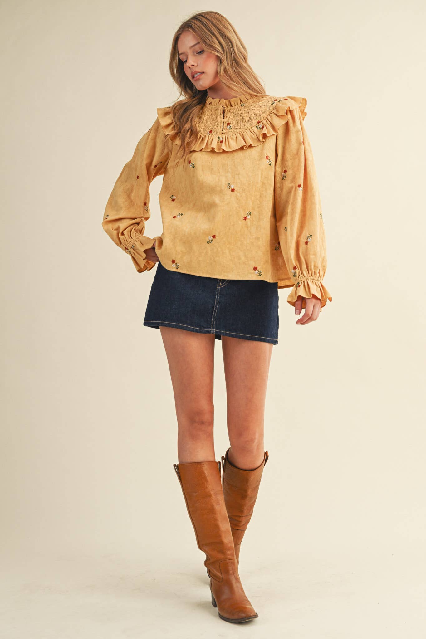 RUFFLED SMOCKED YOKE EMBROIDERED BLOUSE Multiple Color - PRE ORDER