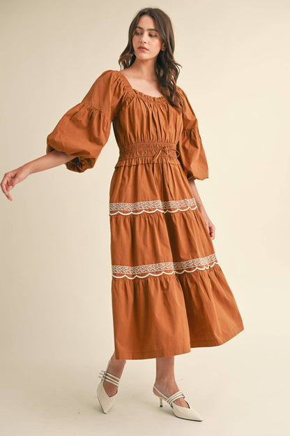 EMBROIDERED LACE TRIM MIDI DRESS RUST