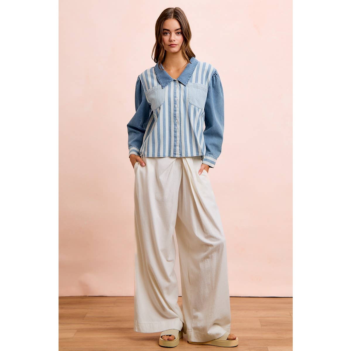 WASHED MULTI STRIPED DENIM BUTTONED SHACKET TOP