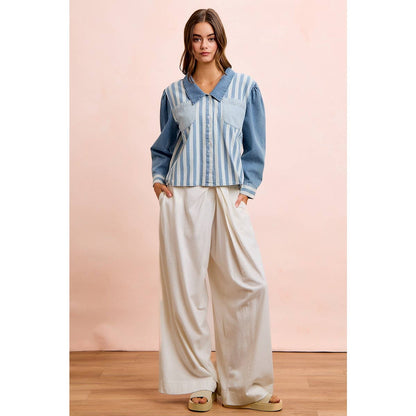 WASHED MULTI STRIPED DENIM BUTTONED SHACKET TOP