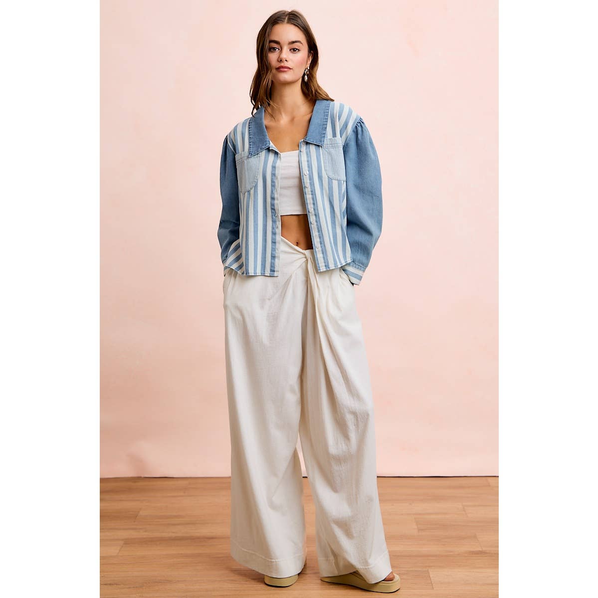 WASHED MULTI STRIPED DENIM BUTTONED SHACKET TOP
