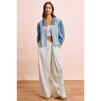 WASHED MULTI STRIPED DENIM BUTTONED SHACKET TOP