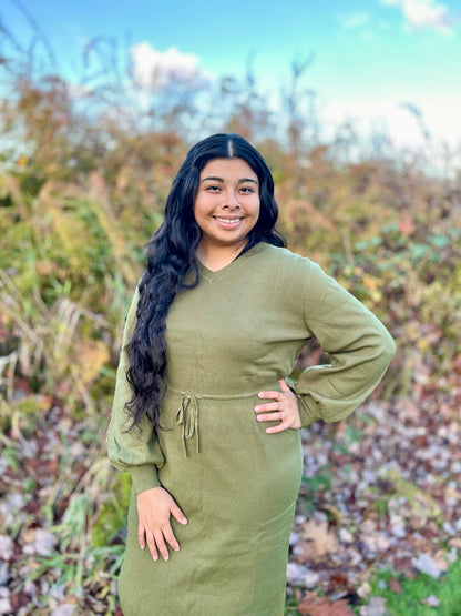 Green Drawstring Sweater Midi Dress