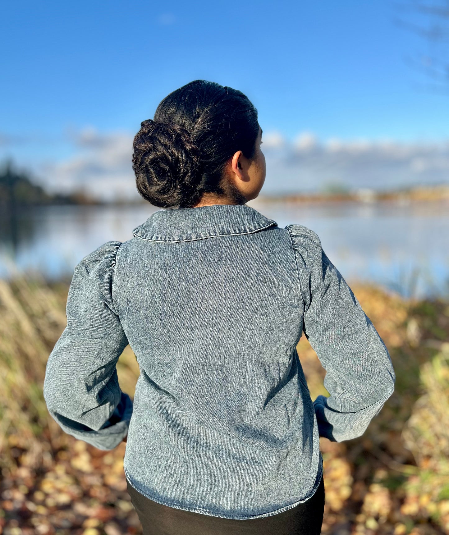 Mineral Washed Chambray Denim Blouse Top