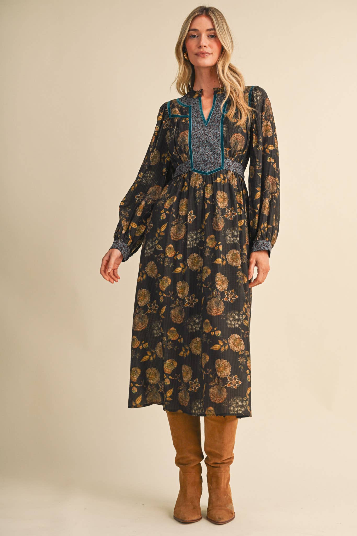 FLORAL PRINT CONTRAST VELVET TRIM MIDI DRESS MDR5304