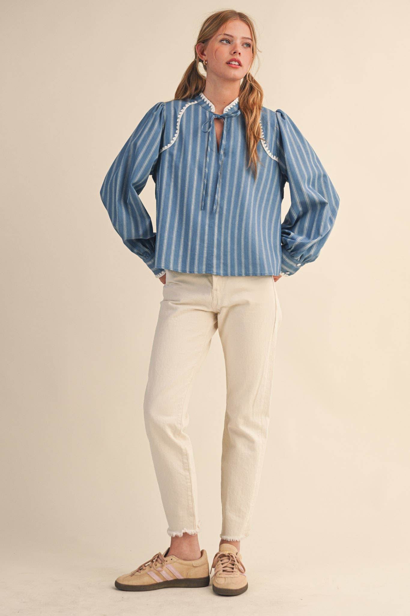 STRIPED PUFF SLEEVE TOP WITH BLANKET STITCH BLUE BLOUSE - PRE ORDER