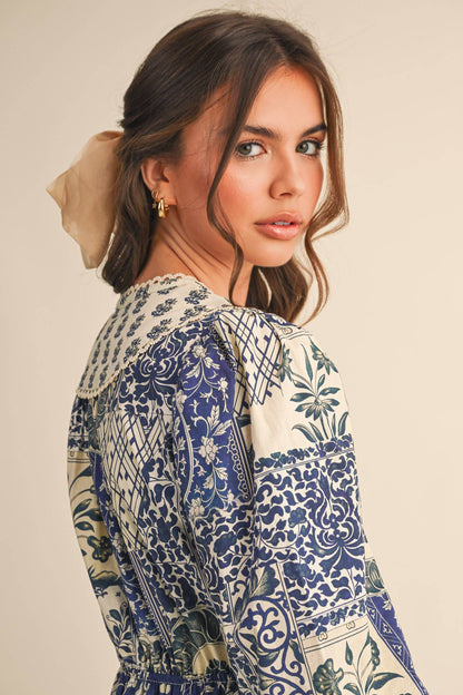 FLORAL TIERED LACE TRIM MIDI DRESS
