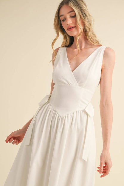 SIDE BOW DETAIL BASQUE WAIST MIDI DRESS