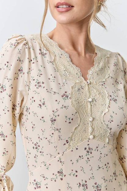 LACE TRIM FLORAL PRINT MIDI DRESS