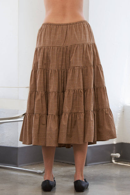 Caramel Gingham Elastic Waistband Skirt - Multiple Colors