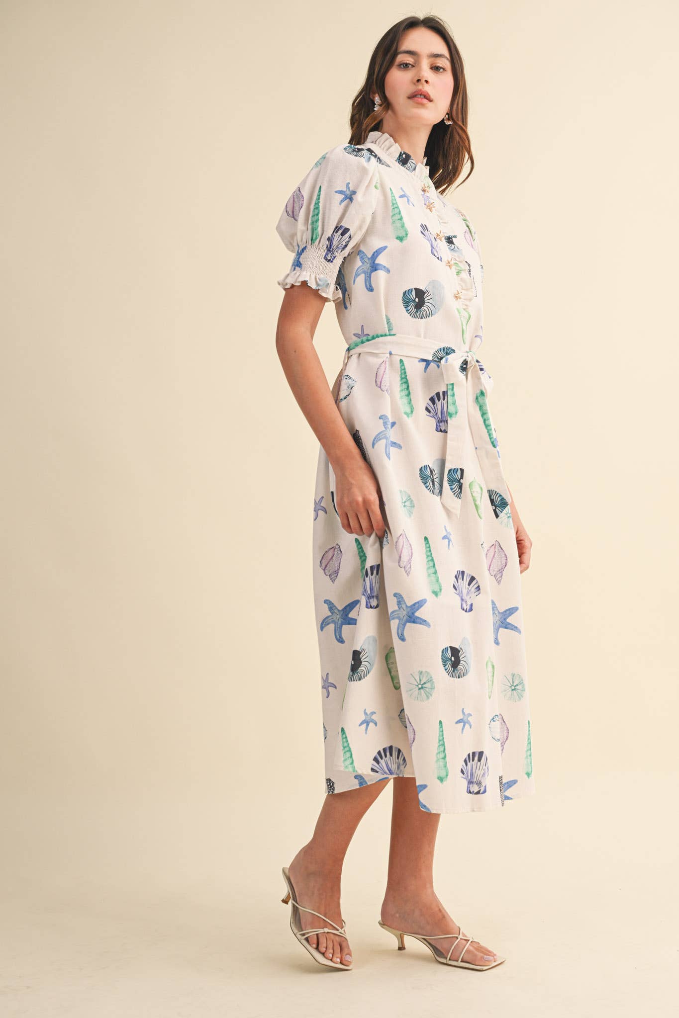 SEASHELL PRINT RUFFLE COLLAR BELTED MIDI DRESS