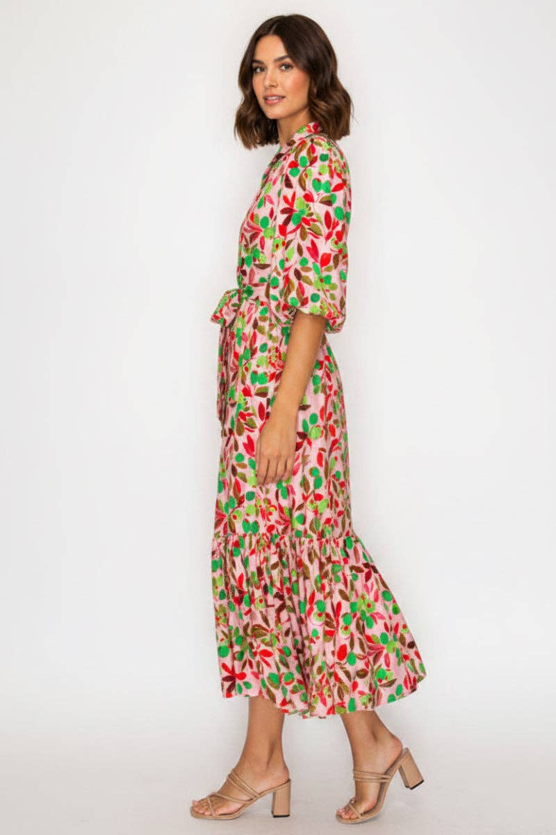 PINK GREEN TIERED MIDI DRESS WITH A COLLARED BUTTON FRONT TIE WAIST