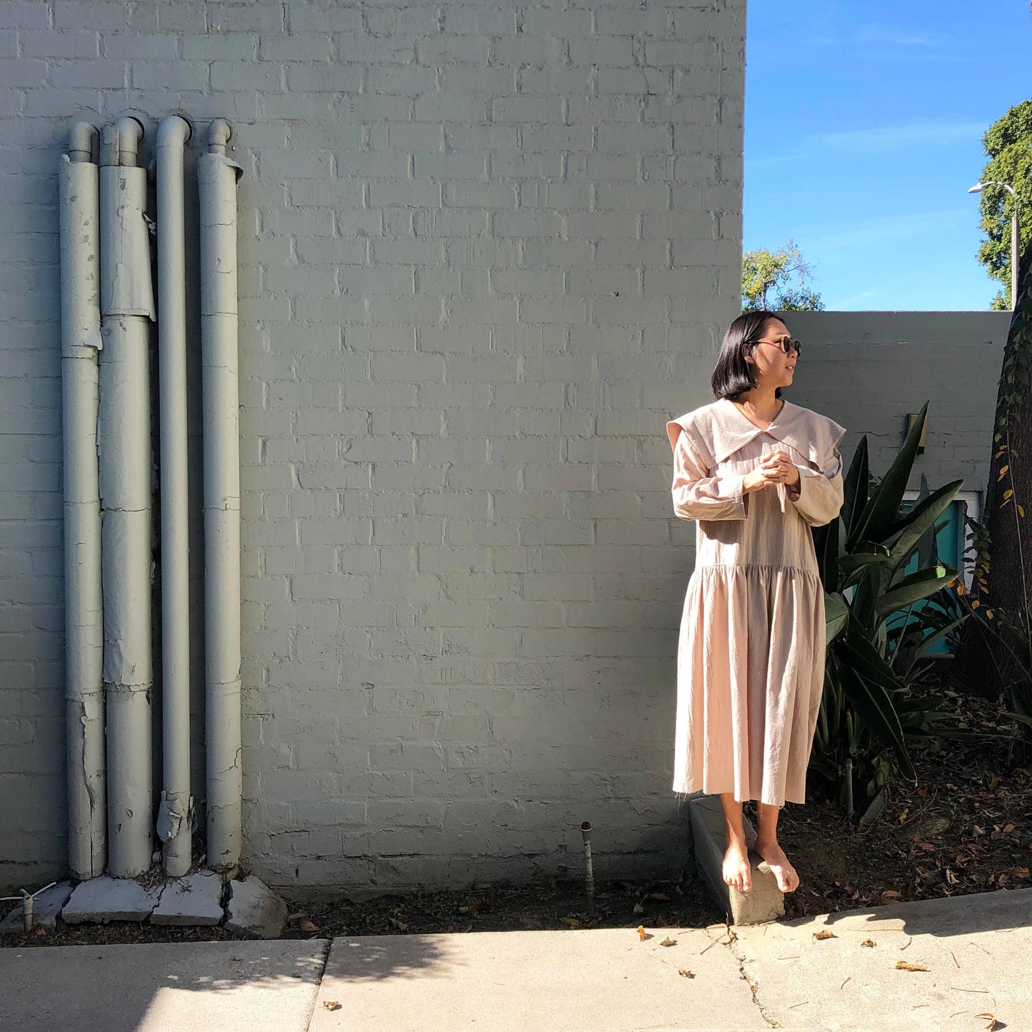 Peter Pan Collared Long Sleeve Midi Dress Oatmeal