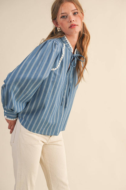 STRIPED PUFF SLEEVE TOP WITH BLANKET STITCH BLUE BLOUSE - PRE ORDER