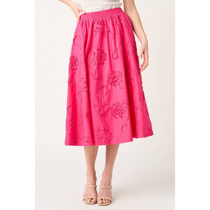 ROSE FLORAL EMBROIDERY HOT PINK ELASTIC WAIST MIDI SKIRT