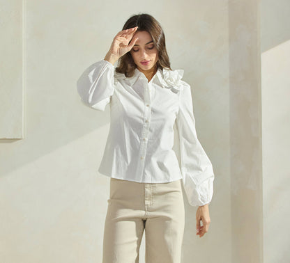 Floral Applique Off White Collared Blouse Top