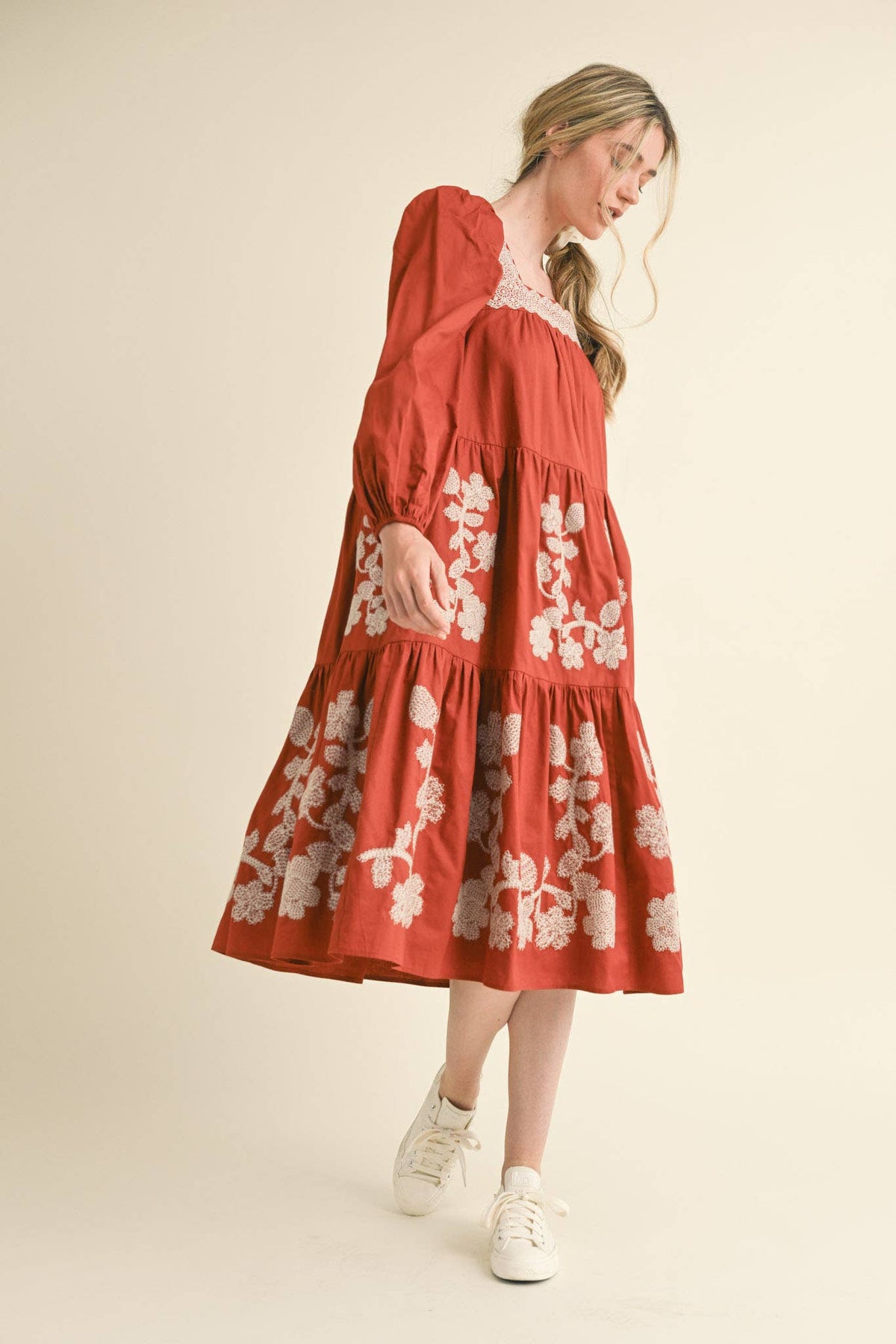 FLORAL EMBROIDERED TIERED MIDI DRESS RUST AMBER SQUARE NECK