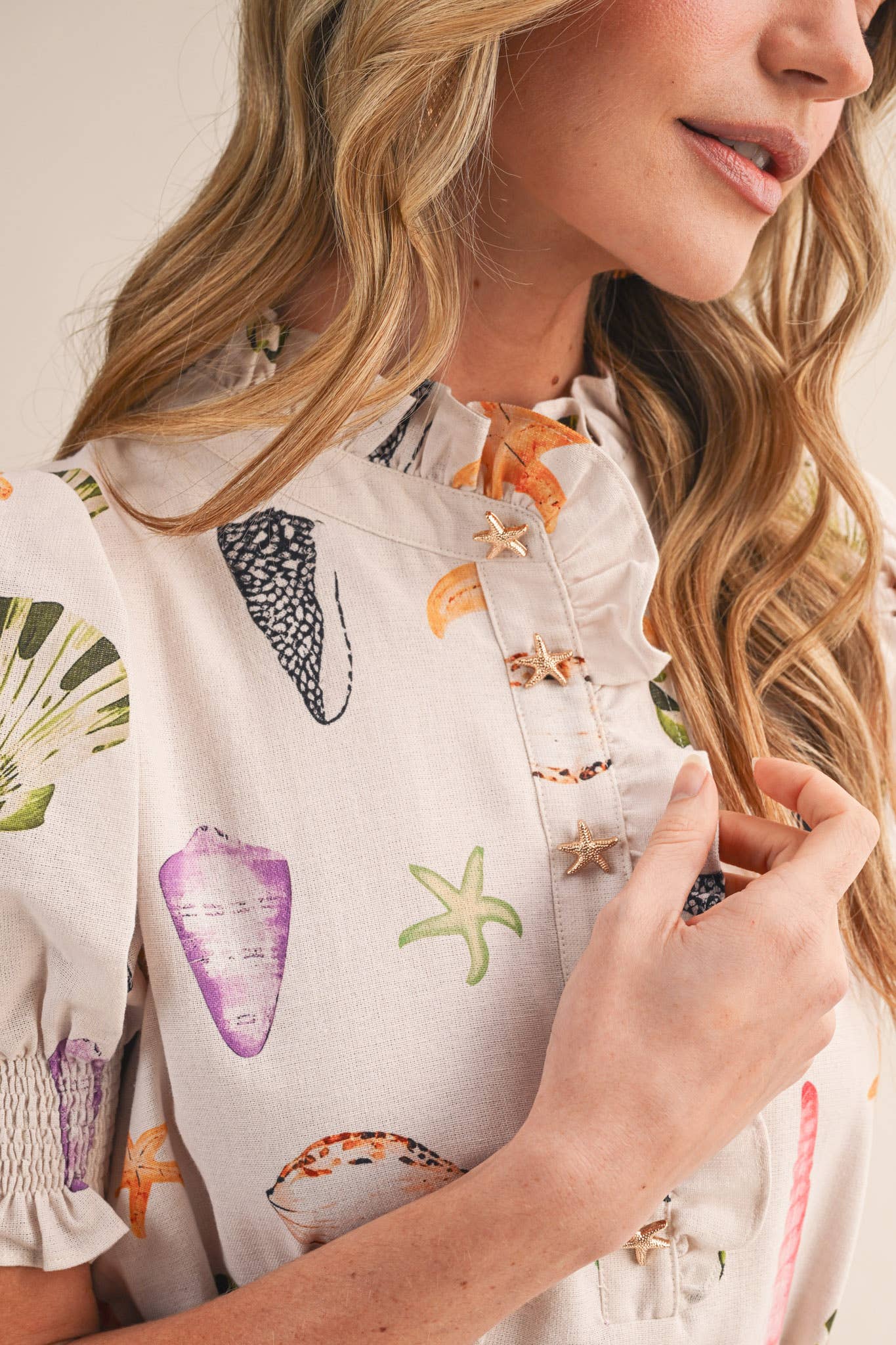 SEASHELL PRINT RUFFLE COLLAR BELTED MIDI DRESS