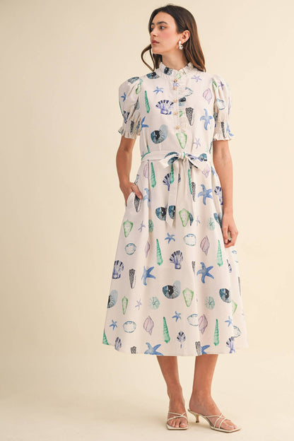 SEASHELL PRINT RUFFLE COLLAR BELTED MIDI DRESS