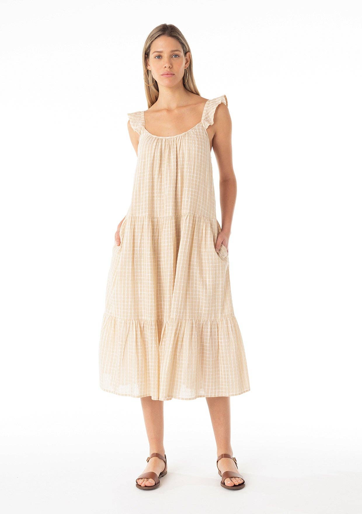 Plaid Ruffled Strap Scoop Neck Tiered Midi Dress