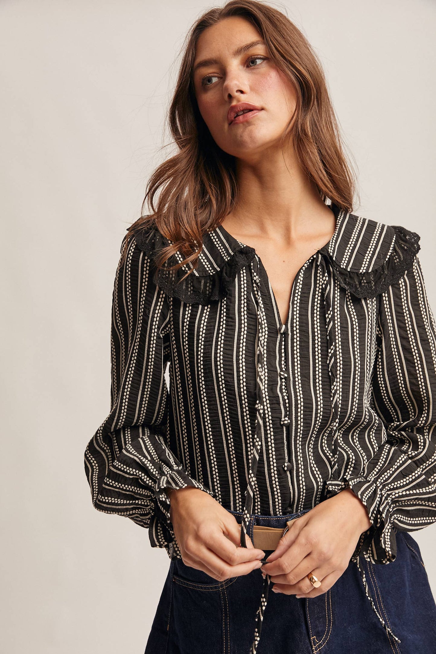 Embroidered Collar Textured Peter Pan Blouse