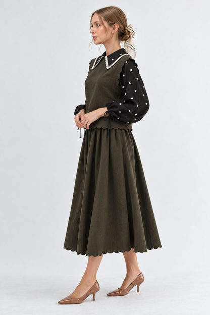 OLIVE GREEN SCALLOP EDGE MAXI TOP SKIRT SET