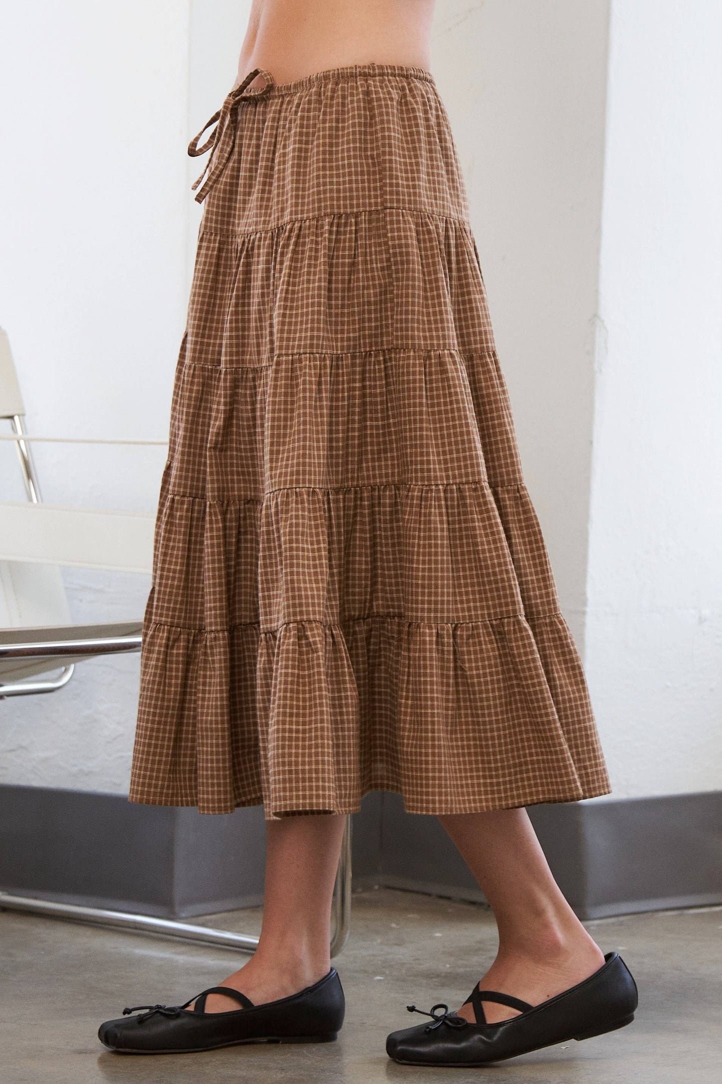 Caramel Gingham Elastic Waistband Skirt - Multiple Colors