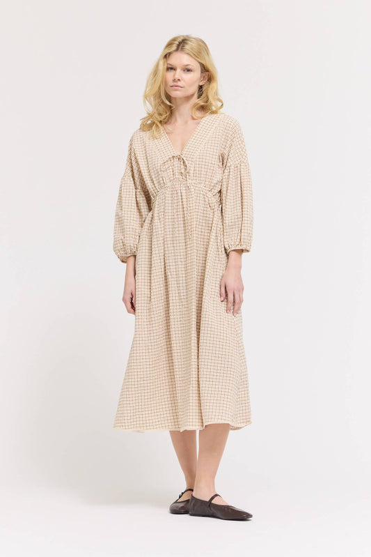 TIE FRONT PLAID MIDI DRESS GREEN OLIVE CREAM