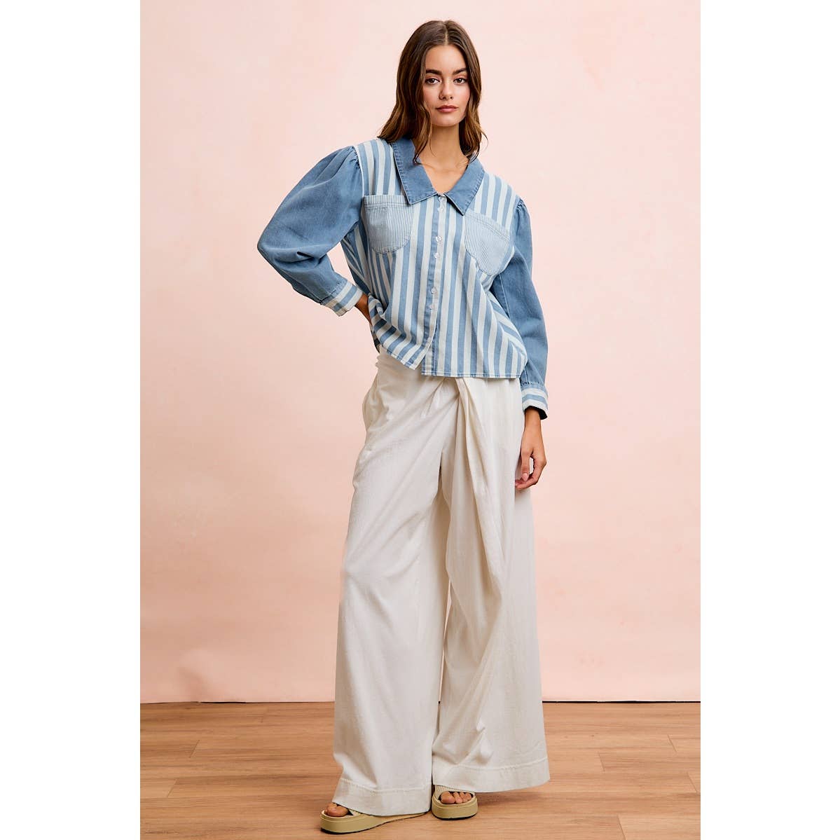 WASHED MULTI STRIPED DENIM BUTTONED SHACKET TOP