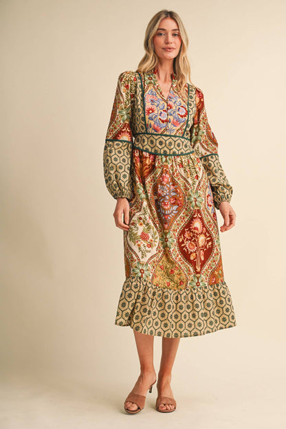 MIXED FLORAL PRINT CONTRAST PIPING MIDI DRESS