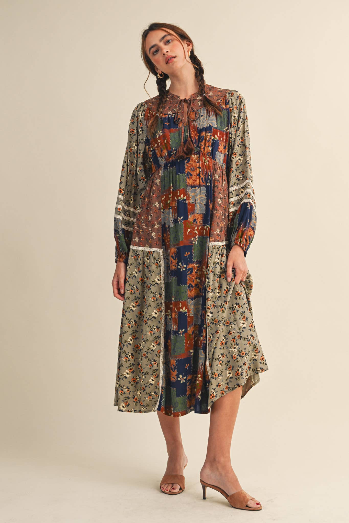 MIXED FLORAL PATCHWORK MIDI DRESS WITH LACE TRIM MDR4135